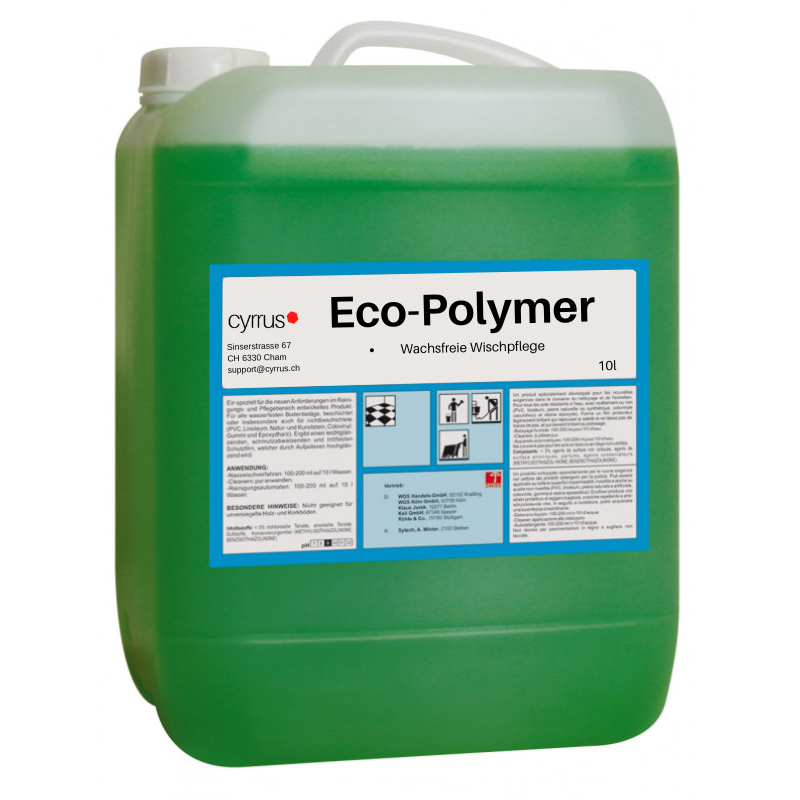 ecofloor polymer Wischpflege mit Selbstglanz und guter Polierbarkeit. Die optimierten, wasserlöslichen Polymere ergeben einen Selbstglanz und lassen sich gut aufpolieren.